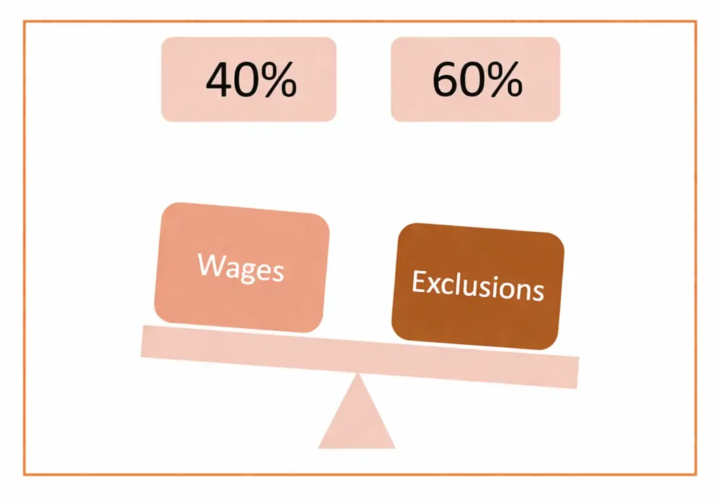 A balance scale diagram representing the 50% rule under the New Labour Code, showing the limit of exclusions against the total wage component.