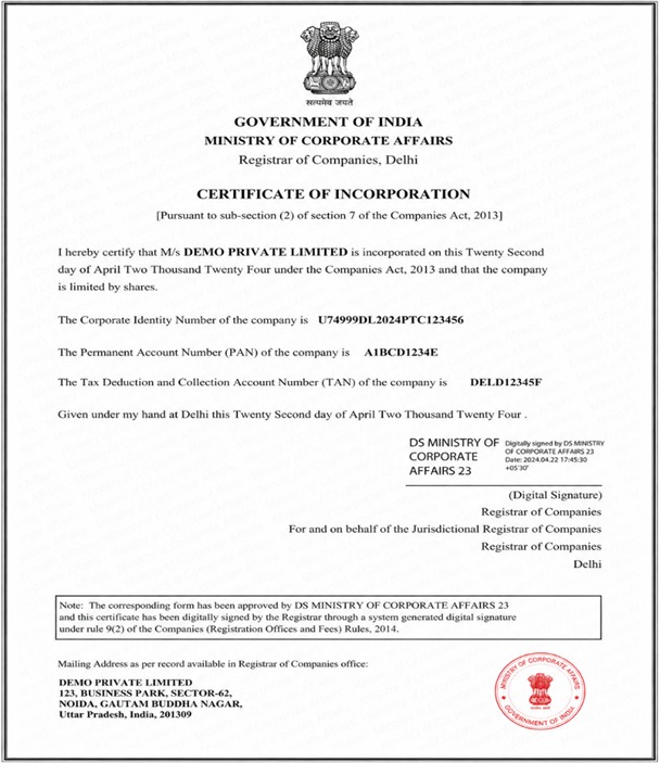 Official sample of a Certificate of Incorporation for a Private Limited Company issued by the Ministry of Corporate Affairs, India, pursuant to the Companies Act 2013, displaying the Corporate Identity Number (CIN), PAN, and TAN.