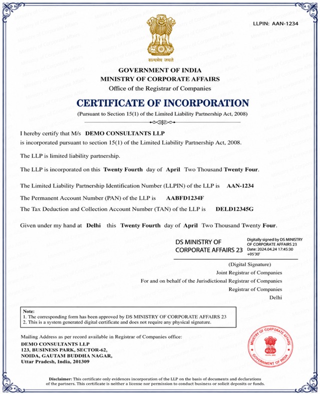 Official sample of a Certificate of Incorporation for a Limited Liability Partnership (LLP) issued by the Ministry of Corporate Affairs, India, displaying the LLPIN, PAN, TAN, and the Registrar's digital signature.